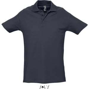 A navy blue polo shirt made from 100% combed ring spun cotton, featuring a logo on the label.