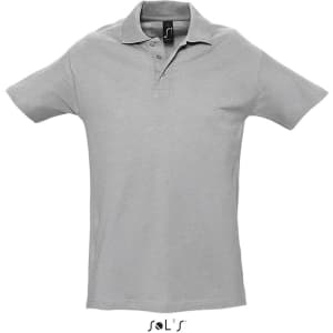 A light grey men's polo shirt made from 100% combed ring-spun cotton, featuring a logo on the collar.