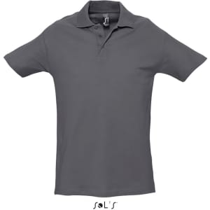 A grey polo shirt made of 100% combed ring spun cotton with a collar and short sleeves, featuring a logo.