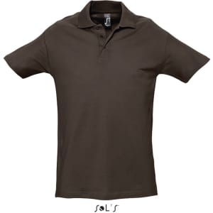 A brown polo shirt made of 100% combed ring spun cotton, featuring a collar and short sleeves. It has a logo.