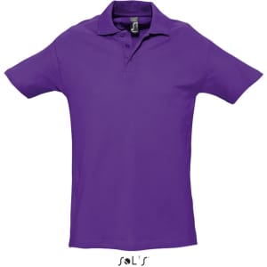 A purple men's polo shirt made from 100% combed ring spun cotton, featuring a collar and a logo.