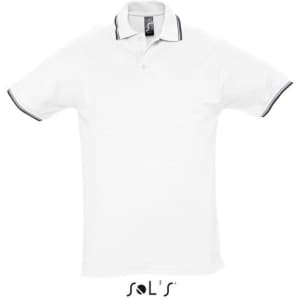 A white polo shirt made of 100% ring spun cotton, featuring a contrasting collar and a brand logo.
