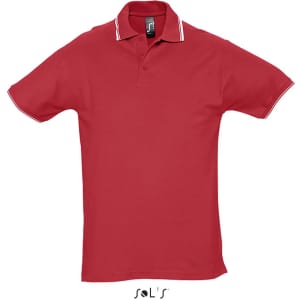 A red polo shirt made of 100% ring spun cotton with contrasting trim and a logo on the collar.