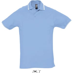 A light blue men's polo shirt made from 100% ring spun cotton, featuring a contrasting collar and a logo.