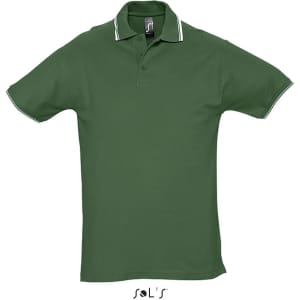 A green men's polo shirt made from 100% ring spun cotton, featuring a contrasting collar and a logo.