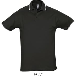 A black polo shirt made of 100% ring spun cotton with contrasting trim and a logo on the collar.