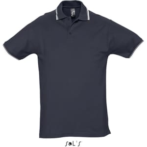 A navy blue polo shirt made from 100% ring spun cotton, featuring a collar with white trim and a logo.