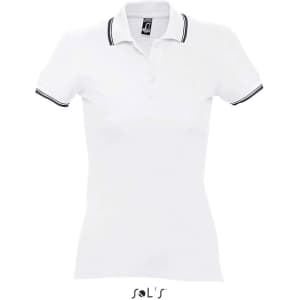 A white women's polo shirt made from 100% combed ring-spun cotton with contrasting trim and a logo.