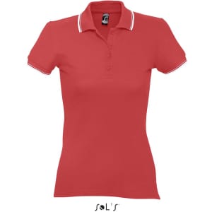 A red women's polo shirt made of 100% combed ring spun cotton, featuring a collar and a logo.