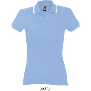 A light blue women's polo shirt made from 100% combed ring spun cotton, featuring a contrasting collar.