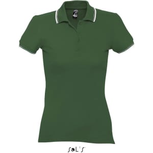 A green women's polo shirt made from 100% combed ring spun cotton, featuring contrasting collar and sleeve trim.