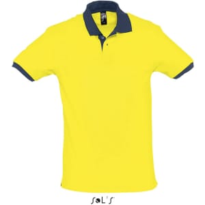 A unisex polo shirt in vibrant yellow with a navy collar and branded logo. Made from 100% ring spun cotton.