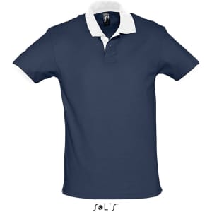 A navy blue unisex polo shirt made from 100% ring spun cotton, featuring a white collar and logo.