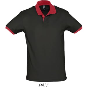 A unisex polo shirt in dark green with red collar and sleeve trims, made from 100% ring spun cotton. Features a logo.