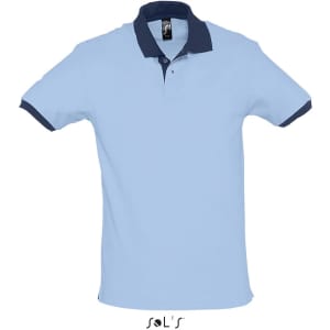 A unisex polo shirt in light blue with a navy collar and logo branding. Made from 100% ring spun cotton.