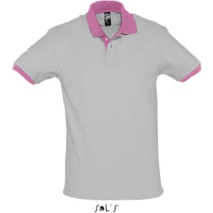 A unisex polo shirt in grey with pink collar and sleeve accents, made from 100% ring spun cotton. Features a logo.
