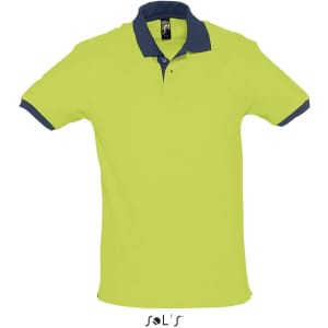A unisex polo shirt in bright yellow with a navy blue collar and sleeves, made from 100% ring spun cotton, featuring a logo.