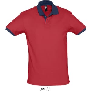 A unisex polo shirt in red with a navy blue collar, made from 100% ring spun cotton, featuring a logo.
