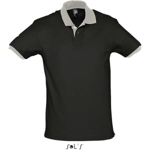A unisex polo shirt in black with a contrasting light grey collar and sleeve cuffs, featuring a logo.