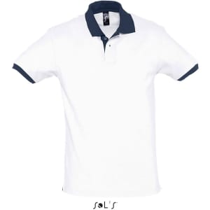 A unisex polo shirt in white with a navy collar and cuffs, made from 100% ring spun cotton, featuring a logo.