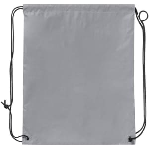 A grey drawstring bag with black cords, featuring a simple and minimalist design.
