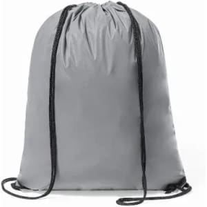 A grey drawstring bag with black cords, featuring a simple and minimalist design.