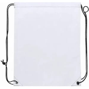 A drawstring bag in white with black cords and corner reinforcements. Features a simple, minimalist design.