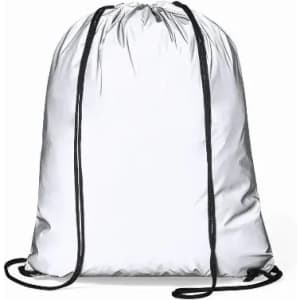 A drawstring backpack in white with black straps, featuring a simple design and no visible branding.