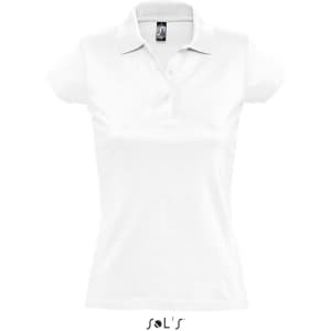 A white women's polo shirt made of 100% semi combed ring spun cotton, featuring a collar and buttons. It has a logo.