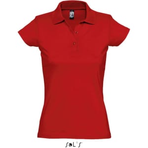 A women's red polo shirt made of 100% semi combed ring-spun cotton with a collar and buttons, featuring a logo.