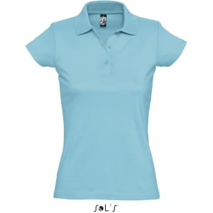 A light blue women's polo shirt made from 100% semi-combed ring spun cotton, featuring a logo on the collar.