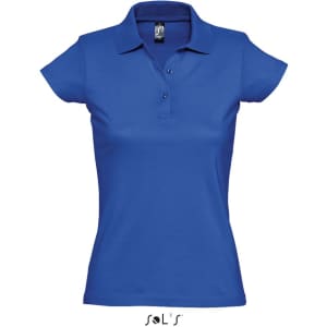A women's polo shirt in vibrant blue, made from 100% semi-combed ring spun cotton, featuring a branded logo.