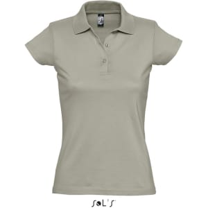 A women's polo shirt in light grey, made from 100% semi combed ring spun cotton, featuring a branded logo.