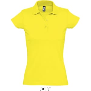 A yellow women's polo shirt made of 100% semi combed ring spun cotton, featuring a collar and three buttons.