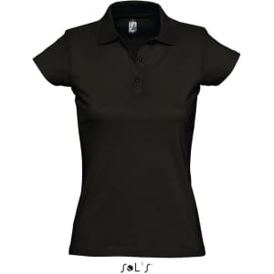 A black women's polo shirt made of 100% semi-combed ring-spun cotton, featuring a collar and buttons. It has a logo.