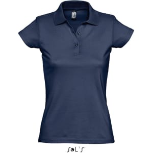 A navy blue women's polo shirt made from 100% semi-combed ring spun cotton, featuring a collar and button closure.
