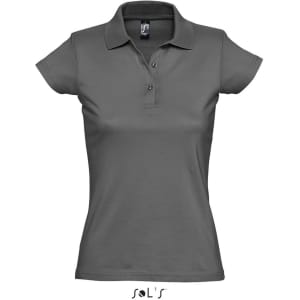 A grey women's polo shirt made from 100% semi combed ring spun cotton with a collar and button placket.