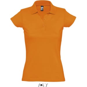 An orange women's polo shirt made from 100% semi-combed ring spun cotton, featuring a collar and buttons.