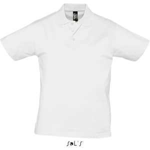 A white men's polo shirt made of 100% semi-combed ring spun cotton, featuring a branded label.
