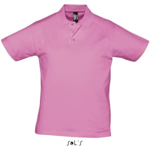 A pink men's polo shirt made from 100% semi-combed ring spun cotton, featuring a logo on the label.