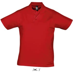 A red polo shirt made from 100% semi-combed ring spun cotton, featuring a collar and has a logo.
