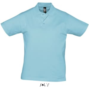 A light blue polo shirt made of 100% semi-combed ring-spun cotton, featuring a logo on the label.