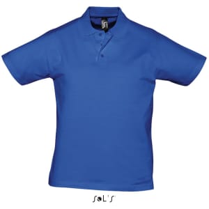 A blue men's polo shirt made of 100% semi-combed ring spun cotton, featuring a logo on the collar.