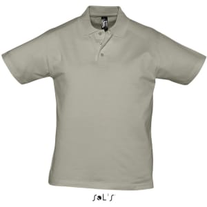 A light grey men's polo shirt made of 100% semi combed ring spun cotton, featuring a branding label.