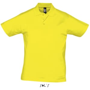 A bright yellow polo shirt made of 100% semi-combed ring spun cotton, featuring a logo.