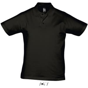 A black polo shirt made from 100% semi combed ring spun cotton, featuring a branding label.