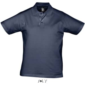 A navy blue polo shirt made of 100% semi-combed ring-spun cotton, featuring a collar and buttons. It has a logo.