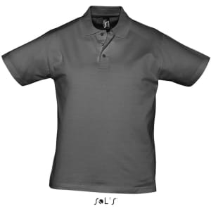 A grey men's polo shirt made of 100% semi combed ring spun cotton, featuring a collar and buttons.