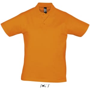 An orange polo shirt made from 100% semi combed ring spun cotton, featuring a collar and short sleeves.