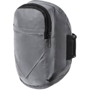 A grey pouch with a zippered compartment and an adjustable strap, featuring a simple design and a logo.